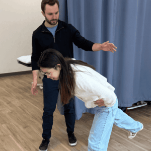 person bending confidently