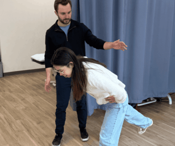 person bending confidently
